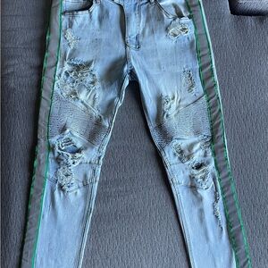 KDNK Light Wash Distressed Skinny Jeans with Green Side Stripe